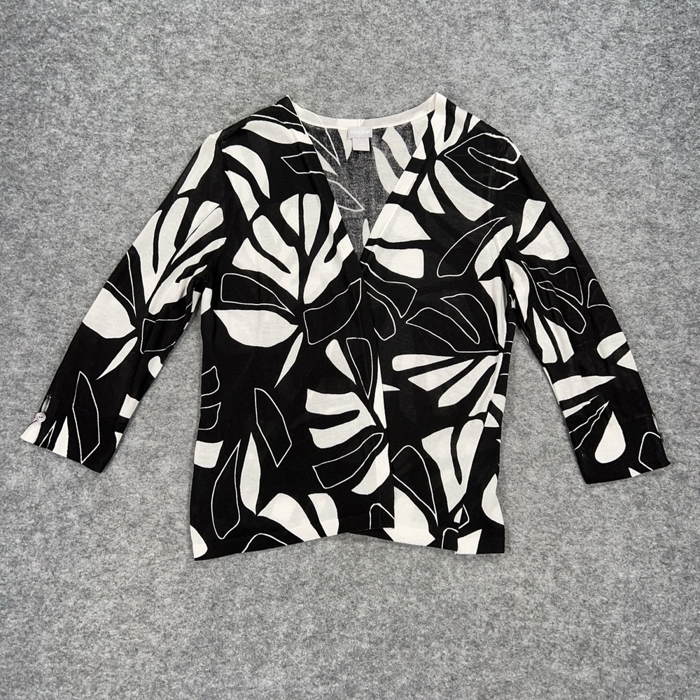 Chicos Cardigan Womens M Black Floral Open-Knit 3/4 Sleeve VNeck Button Preppy